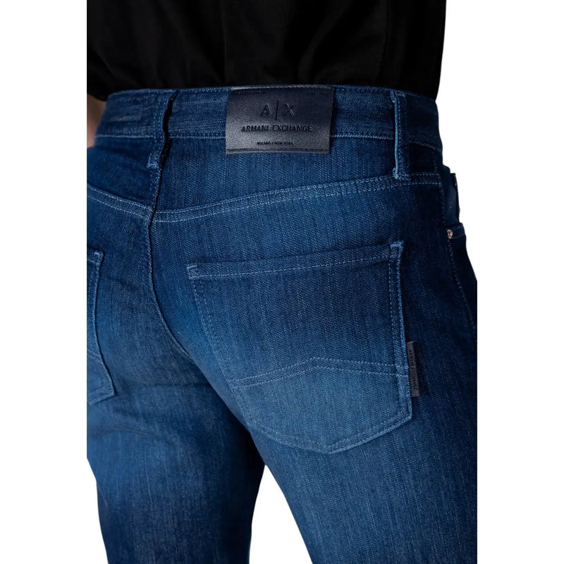Dark blue denim armani exchange men jeans in cotton stretch slim fit showing classic back pocket design