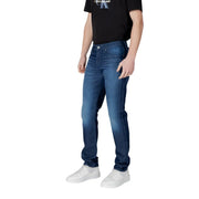 Armani Exchange men jeans in dark blue cotton stretch with slim fit and faded wash featuring classic stitching