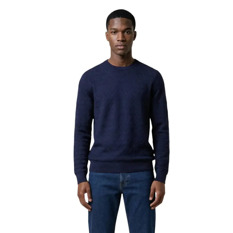 Armani Exchange Herren-Strickwaren, marineblauer Rundhalspullover mit dezentem Rautenmuster und langen Ärmeln