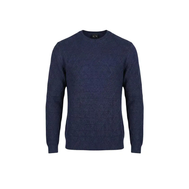 Armani Exchange Herren-Strickwaren, marineblauer Rundhalspullover mit dezentem Rautenmuster, lange Ärmel