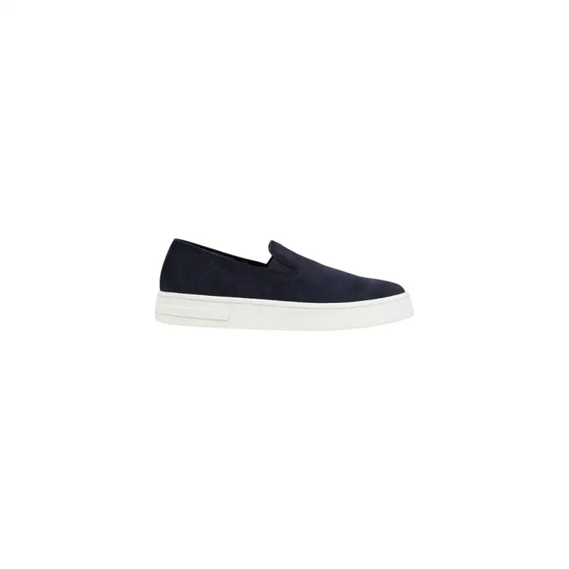 Marineblaues Wildleder Armani Exchange Herren-Ledermokassin-Sneaker zum Hineinschlüpfen mit weißer Gummisohle, Größe 11