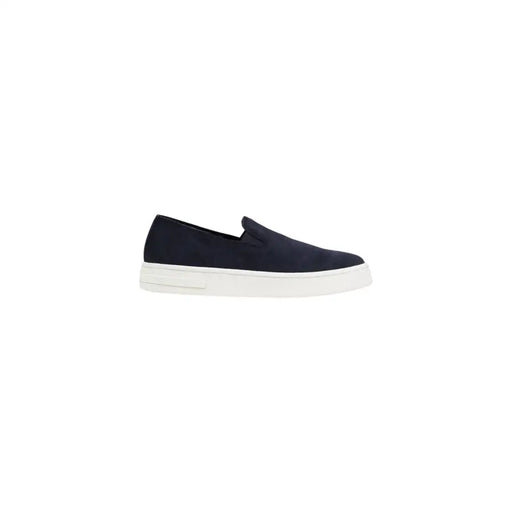 Marineblaues Wildleder Armani Exchange Herren-Ledermokassin-Sneaker zum Hineinschlüpfen mit weißer Gummisohle, Größe 11