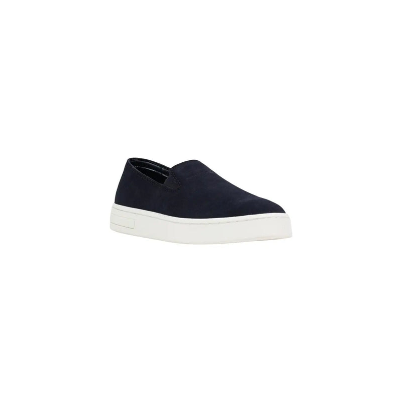 Navy blue suede Armani Exchange men leather slip-on moccasin shoe with white platform sole size 11 front view