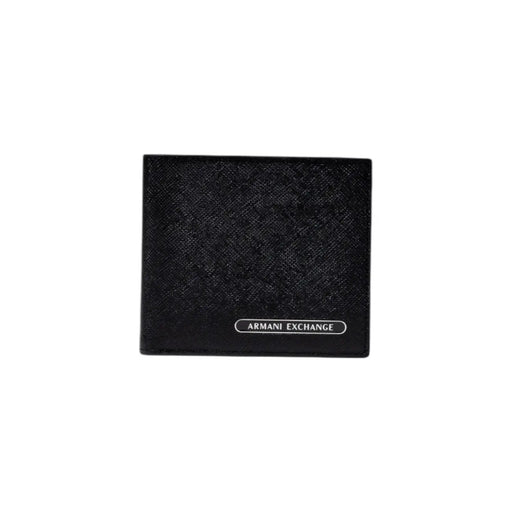 Armani Exchange men wallet in black with textured surface and silver logo plaque showcasing front side