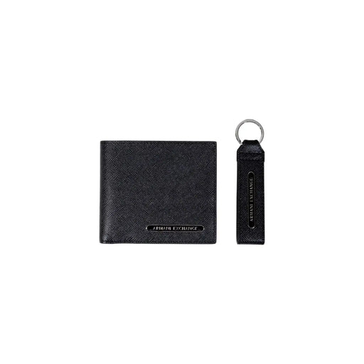 Black textured leather Armani Exchange men wallet and keychain set showcasing premium material and design