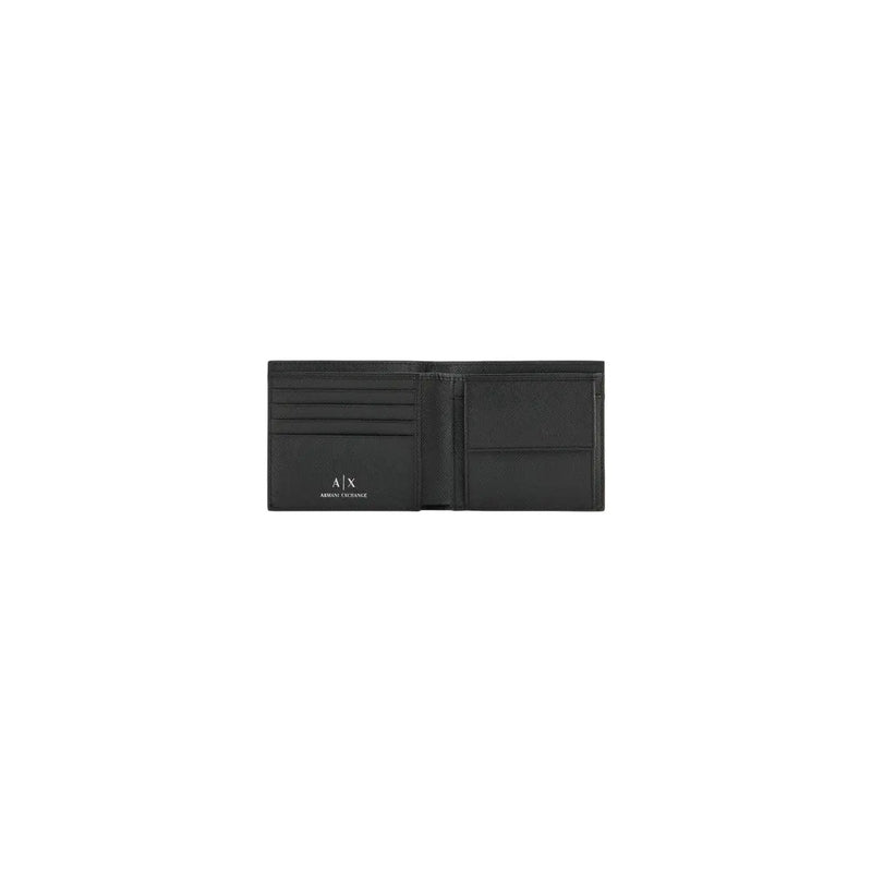 Armani Exchange men leather wallet black bi-fold with minimalist design and white embroidered logo on left side