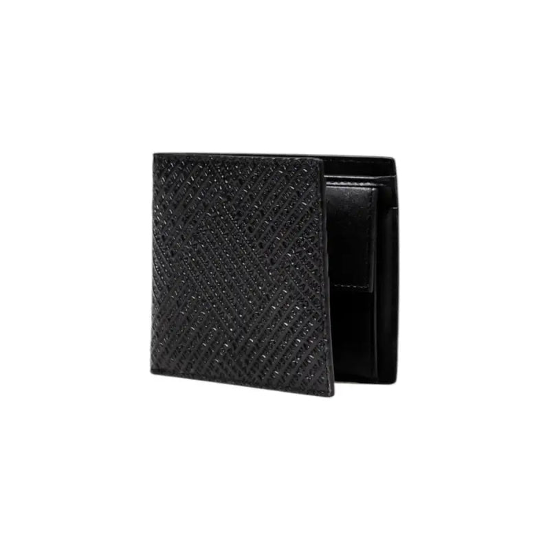 Black textured Armani Exchange men’s leather bi-fold wallet with multiple compartments