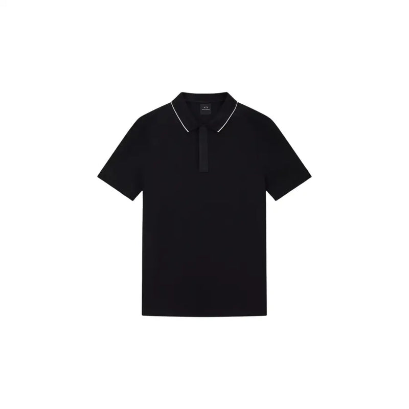 Armani Exchange Schwarzes Herren-Polohemd aus Baumwolle mit kurzen Ärmeln und weißem Besatz an Kragen und Knopfleiste