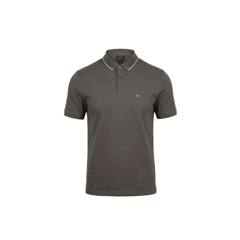 Armani Exchange Herren-Polohemd aus brauner Baumwolle mit kurzen Ärmeln, dunkelolivgrünem Stoffbesatz, weißem Kragenbesatz und dezentem gesticktem Logo