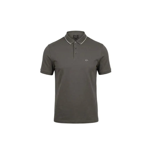 Armani Exchange Herren-Polohemd aus brauner Baumwolle mit kurzen Ärmeln, dunkelolivgrünem Stoffbesatz, weißem Kragenbesatz und dezentem gesticktem Logo