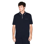 Armani Exchange Herren-Polohemd, marineblau, kurzärmelig, aus Baumwoll-Elastan mit weißen Zierstreifen und Knopfdetails