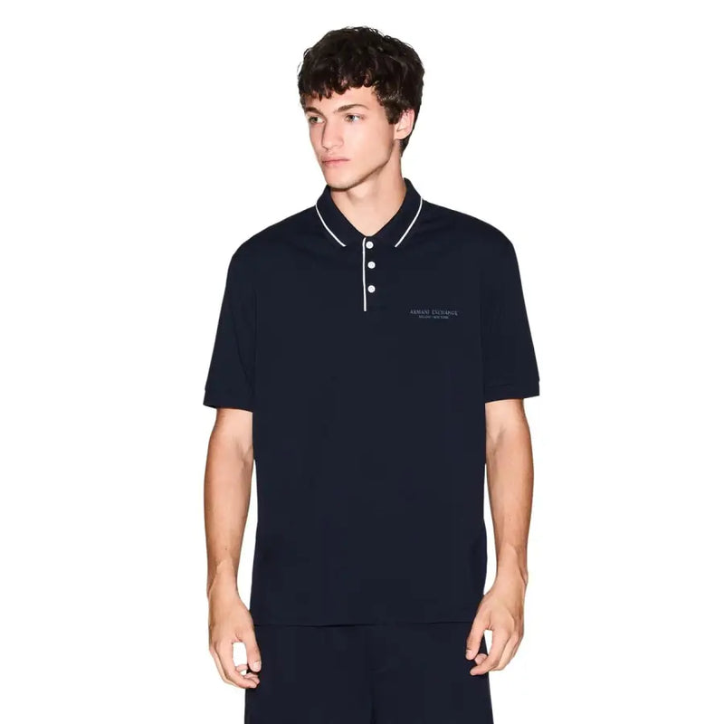 Armani Exchange Herren-Polohemd, marineblau, kurzärmelig, aus Baumwoll-Elastan mit weißen Zierstreifen und Knopfdetails