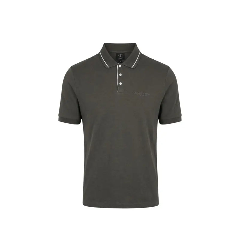 Armani Exchange Herren-Polohemd, braun, kurzärmelig, aus Baumwoll-Elastan mit dunkelolivgrünem Stoff und weißem Besatz an Kragen und Knopfleiste