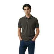 Armani Exchange Herren-Polohemd, braun, kurzärmelig, aus Baumwoll-Elasthan, dunkelolivgrün mit weißem Besatz an Kragen und Knopfleiste