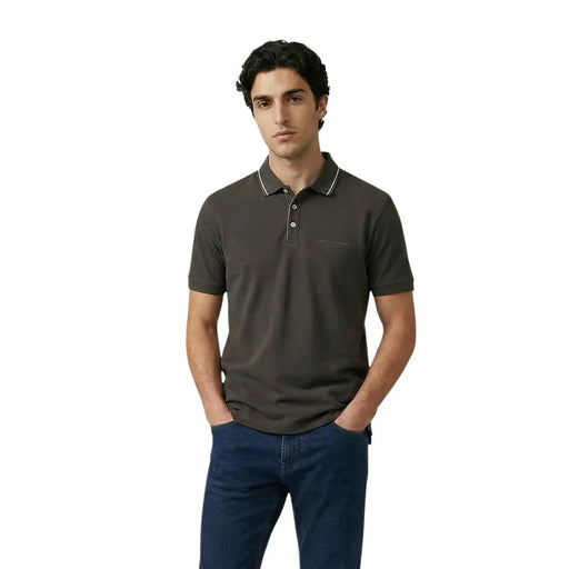 Armani Exchange men polo brown short sleeve cotton elastane dark olive green shirt with white trim on collar and placket