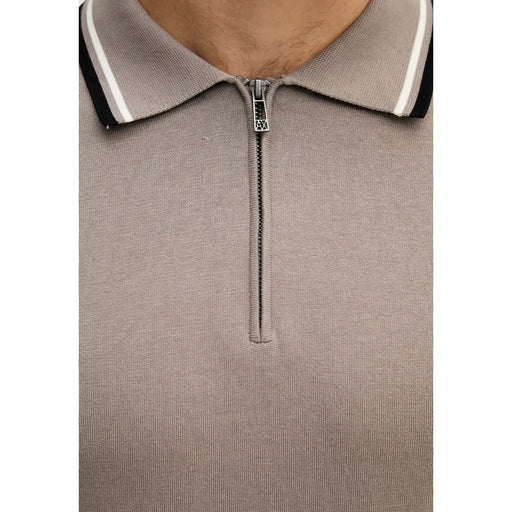Armani Exchange men polo brown zip round neck cotton shirt in taupe knit with black and white striped collar and silver zipper