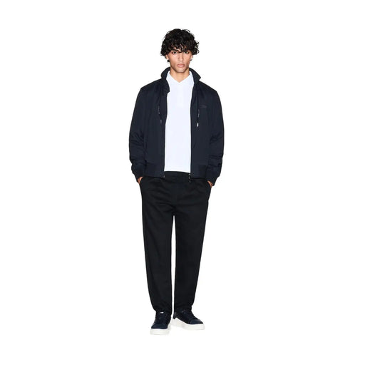 Navy blue zip-up bomber jacket with ribbed cuffs and hem featuring subtle logo on left chest by Armani Exchange