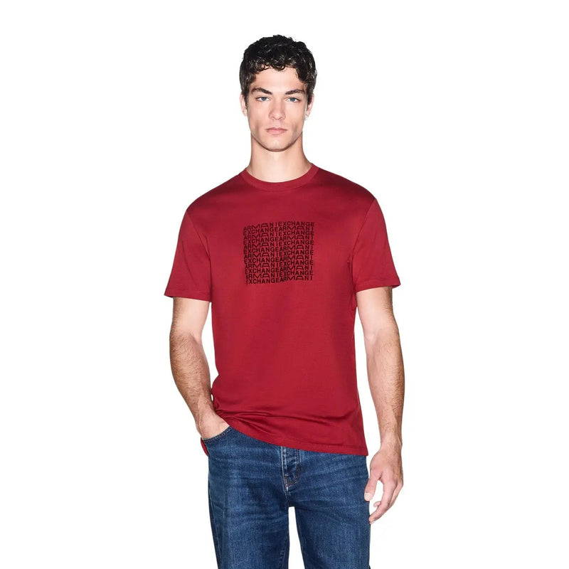 Armani Exchange Rotes Herren-T-Shirt aus Baumwolle mit schwarzem „Exchange“-Schriftzug auf der Brust