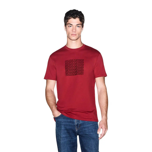 Armani Exchange Rotes Herren-T-Shirt aus Baumwolle mit schwarzem „Exchange“-Schriftzug auf der Brust