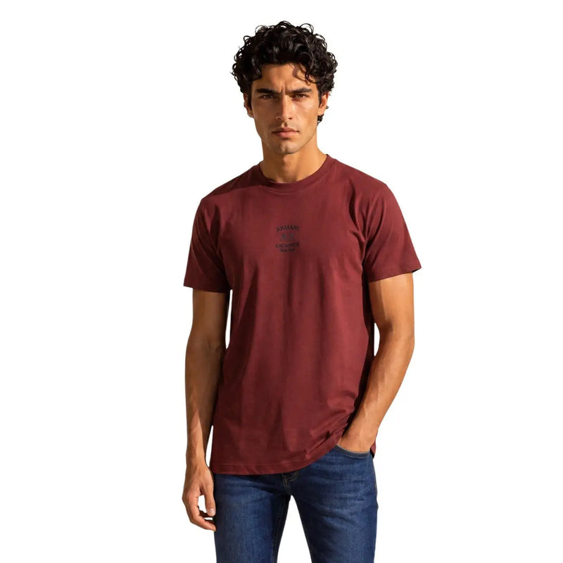 Armani Exchange Rotes Herren-T-Shirt aus Baumwolle mit Rundhalsausschnitt und kleinem schwarzen Logo auf der linken Brust