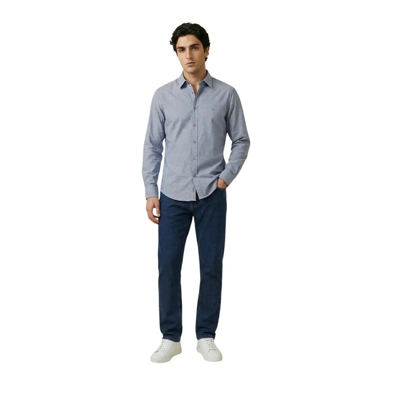 Armani Exchange men shirt in light blue with subtle texture long sleeves and embroidered logo on left chest