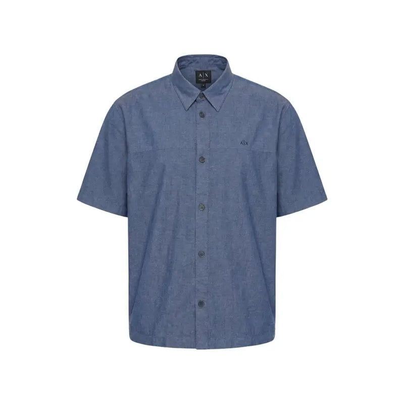 Armani Exchange Herrenhemd, blau, kurzärmelig, mit Knopfleiste, dezenter Struktur und kleinem, gesticktem Logo auf der Brust