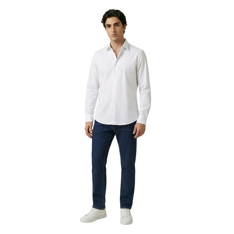Armani Exchange men shirt with a crisp white long-sleeved button-down design and classic collar in neatly pressed fabric