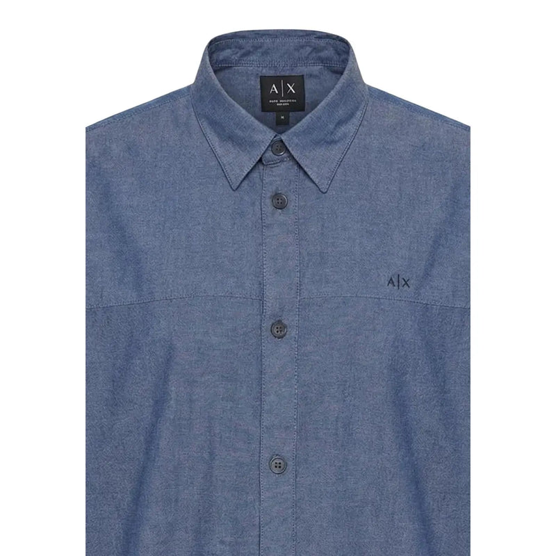 Armani Exchange men shirt blue heathered cotton button-down with subtle a x branding on chest and collar