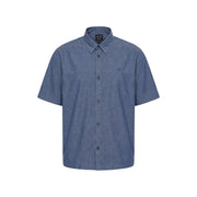 Armani Exchange men shirt blue short-sleeved button-up with subtle textured weave and small embroidered logo on chest