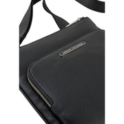 Armani Exchange Schwarze Herren-Umhängetasche aus strukturiertem Leder mit silbernem Reißverschluss und Markenplakette, Polyester, 21 x 22 x 3 cm