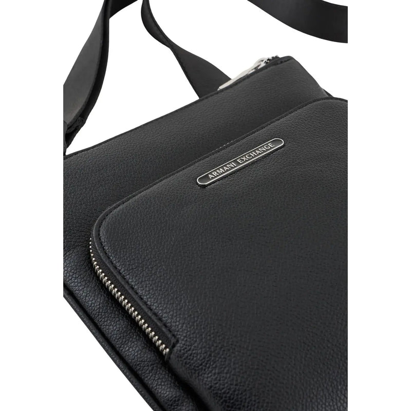 Armani Exchange Schwarze Herren-Umhängetasche aus strukturiertem Leder mit silbernem Reißverschluss und Markenplakette, Polyester, 21 x 22 x 3 cm