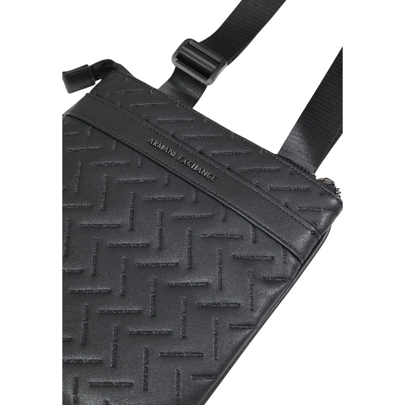 Schwarz Armani Exchange Herren-Schultertasche mit geprägtem geometrischem Muster und strukturierter Polyesterlederoberfläche