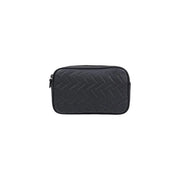 Schwarze, gewebte Leder-Kulturtasche mit dezenter Struktur, abgebildet mit Armani Exchange Herren-Schultertasche aus Polyester, schwarz, 24 x 15 x 8