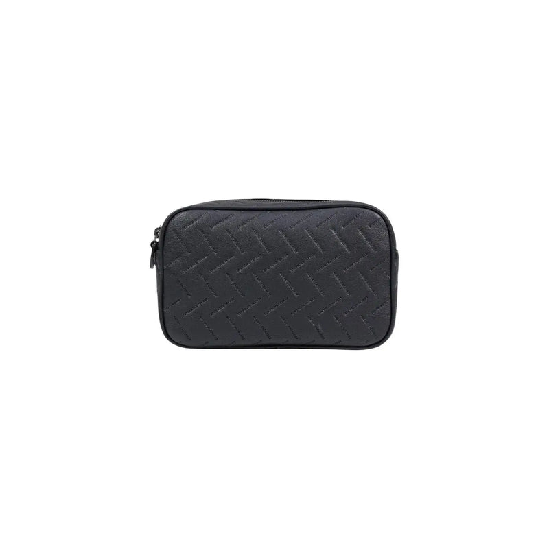 Schwarze, gewebte Leder-Kulturtasche mit dezenter Struktur, abgebildet mit Armani Exchange Herren-Schultertasche aus Polyester, schwarz, 24 x 15 x 8