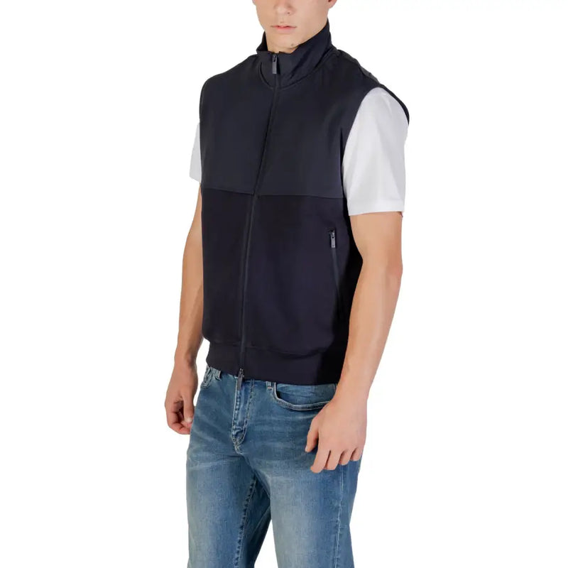 Armani Exchange Ärmelloses Herren-Sweatshirt mit Reißverschluss aus schwarzer Baumwolle mit weißen kurzen Ärmeln und dezenter Seitentasche