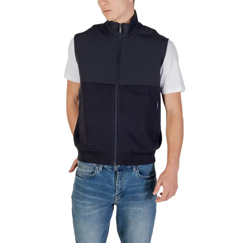 Armani Exchange Ärmelloses Herren-Sweatshirt mit Reißverschluss, marineblau, aus Baumwolle, mit weißen Schulterpartien und Seitentaschen