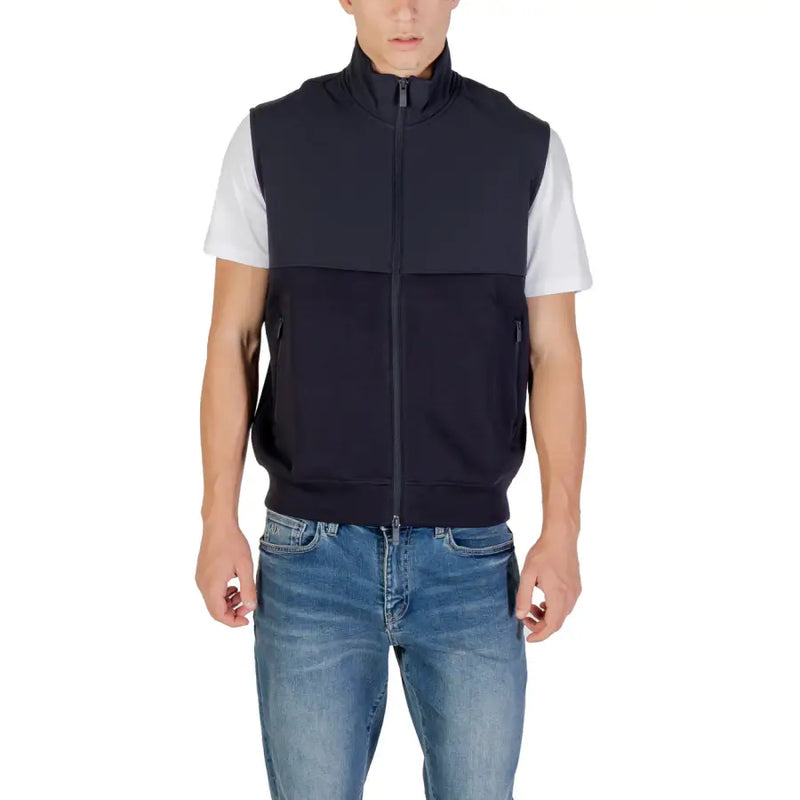 Armani Exchange Ärmelloses Herren-Sweatshirt mit Reißverschluss aus marineblauer Baumwolle mit hohem Kragen und zwei Seitentaschen