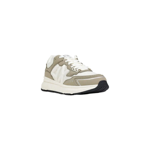 Armani Exchange men sneakers with green lace up polyester in muted beige and white with glossy patent leather accents