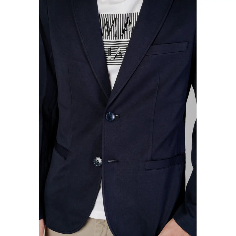 Navy blue armani exchange men spring summer long blazer with two buttons and front flap pockets
