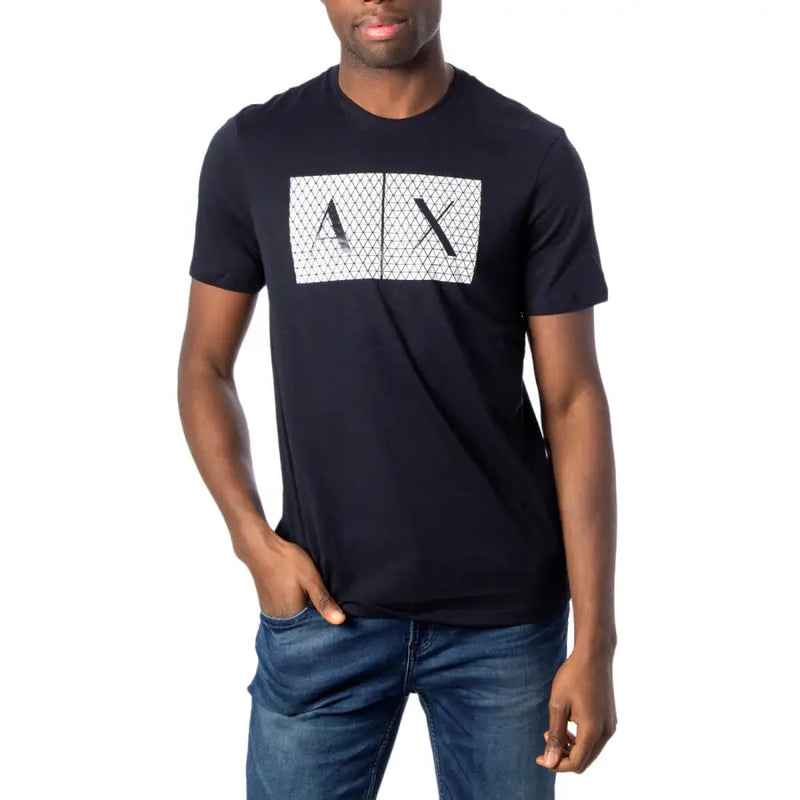 Men’s black short-sleeve T-shirt with white rectangular graphic print from Armani Exchange Spring Summer collection