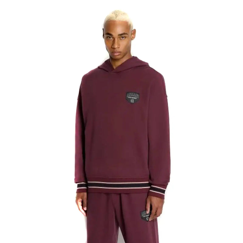 Armani Exchange Herren-Sweatshirt, bordeauxrot, mit Kapuze, Tasche, bordeauxrotem Puma-Hoodie und schwarz-weiß gestreiften Bündchen