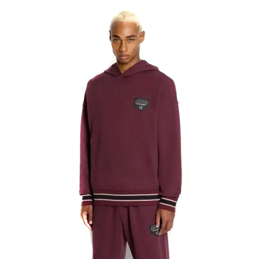 Armani Exchange Herren-Sweatshirt, bordeauxrot, mit Kapuze, Tasche, bordeauxrotem Puma-Hoodie und schwarz-weiß gestreiften Bündchen