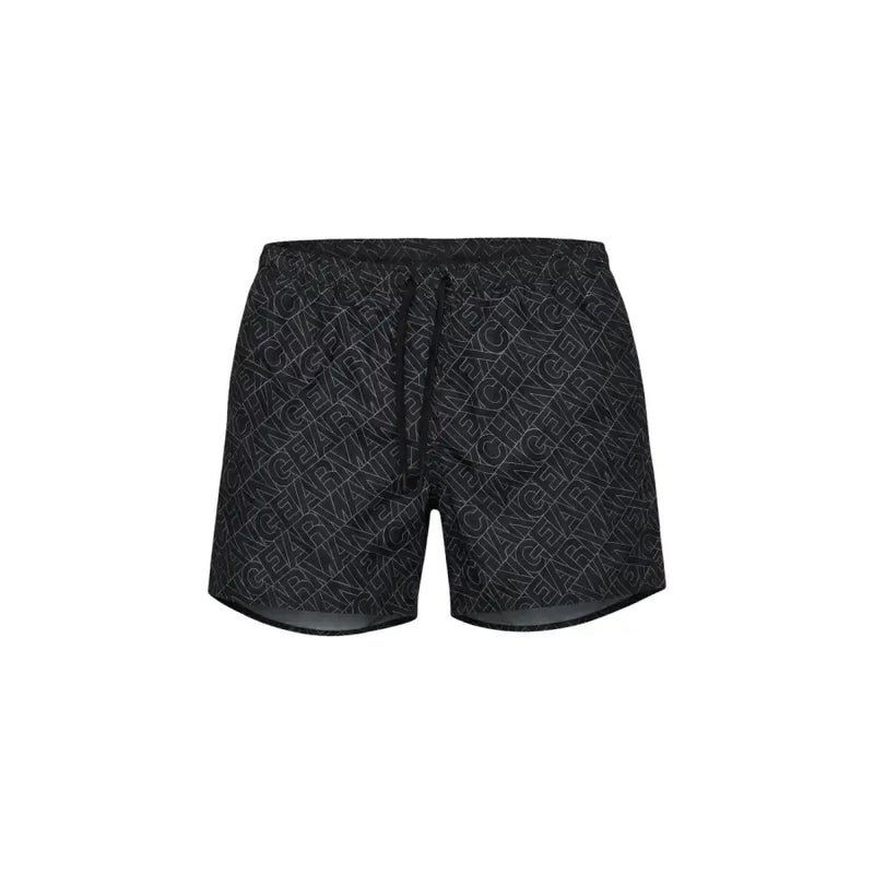 Armani exchange Schwarze Herren-Badehose aus Polyester mit weißem, umrandetem, sich wiederholendem geometrischem Muster des Wortes „Change“.