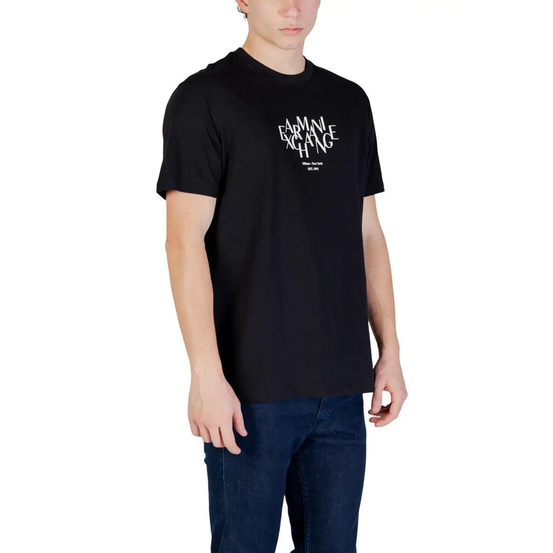 Armani Exchange men black short-sleeved t-shirt with white Armani Exchange logo printed on the chest