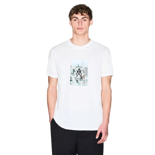 Armani Exchange men black cotton round neck t shirt size M with white graphic print of city buildings and logo