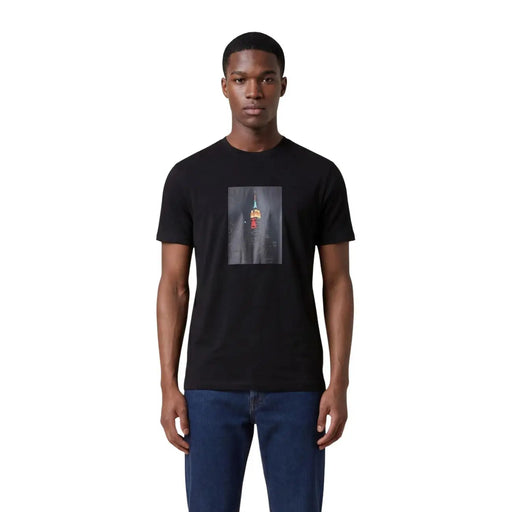 Black Armani Exchange men short-sleeved t-shirt featuring a rectangular Empire State Building graphic print