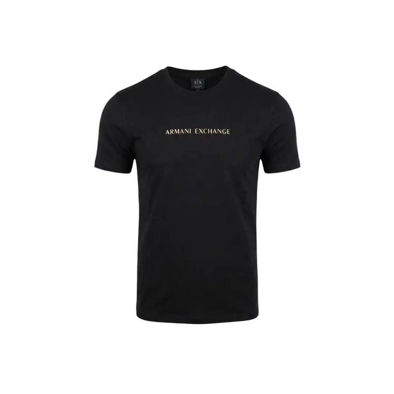 Armani Exchange Schwarzes Herren-T-Shirt aus Baumwolle mit Rundhalsausschnitt, kurzen Ärmeln und goldgesticktem Logo auf der Brust