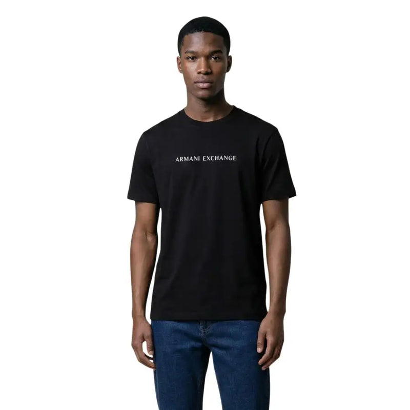 Armani Exchange Herren-T-Shirt, schwarz, Baumwolle, Rundhalsausschnitt, Kurzarm mit weißem Aufdruck Armani Exchange Logo über der Brust