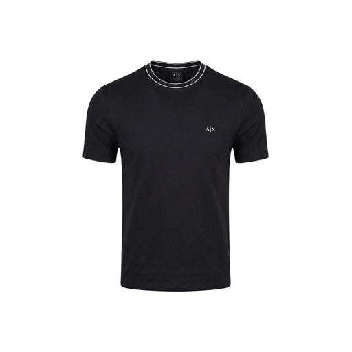 Black Armani Exchange men t-shirt with white collar trim and small embroidered logo on the chest