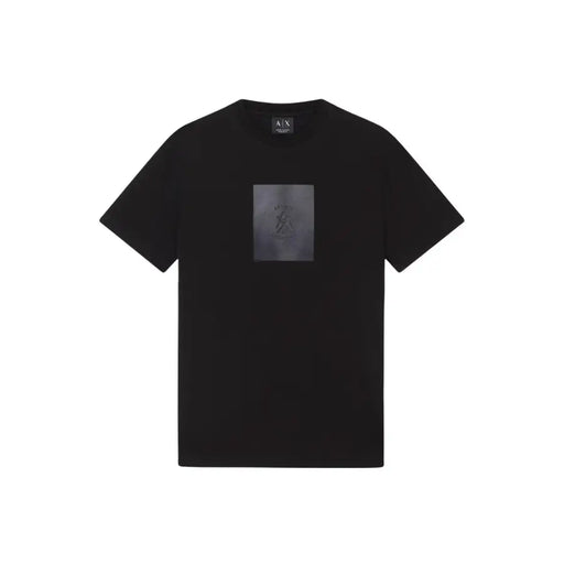 Armani Exchange men black short-sleeved t-shirt with a rectangular translucent gray graphic patch on the chest